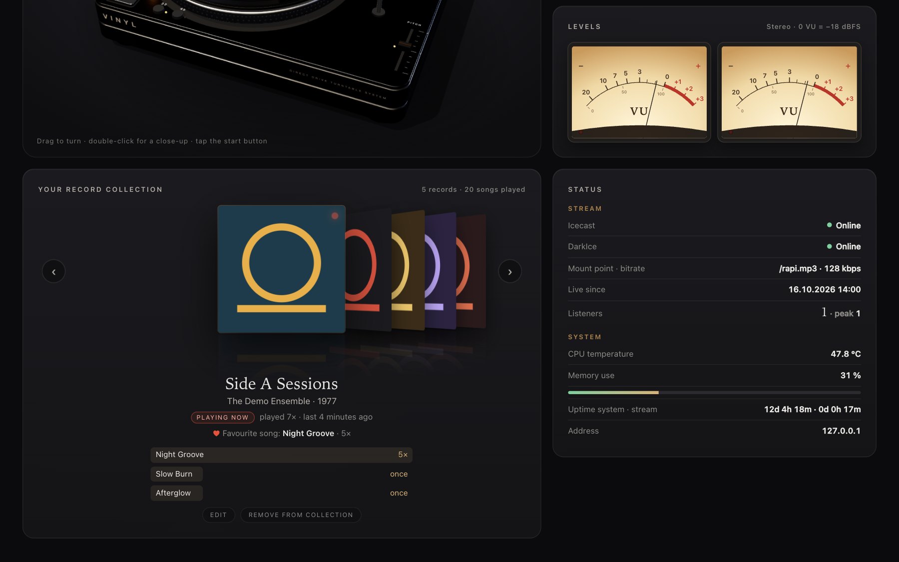 Coverflow of played records with play counts and favourite song, next to the stream status