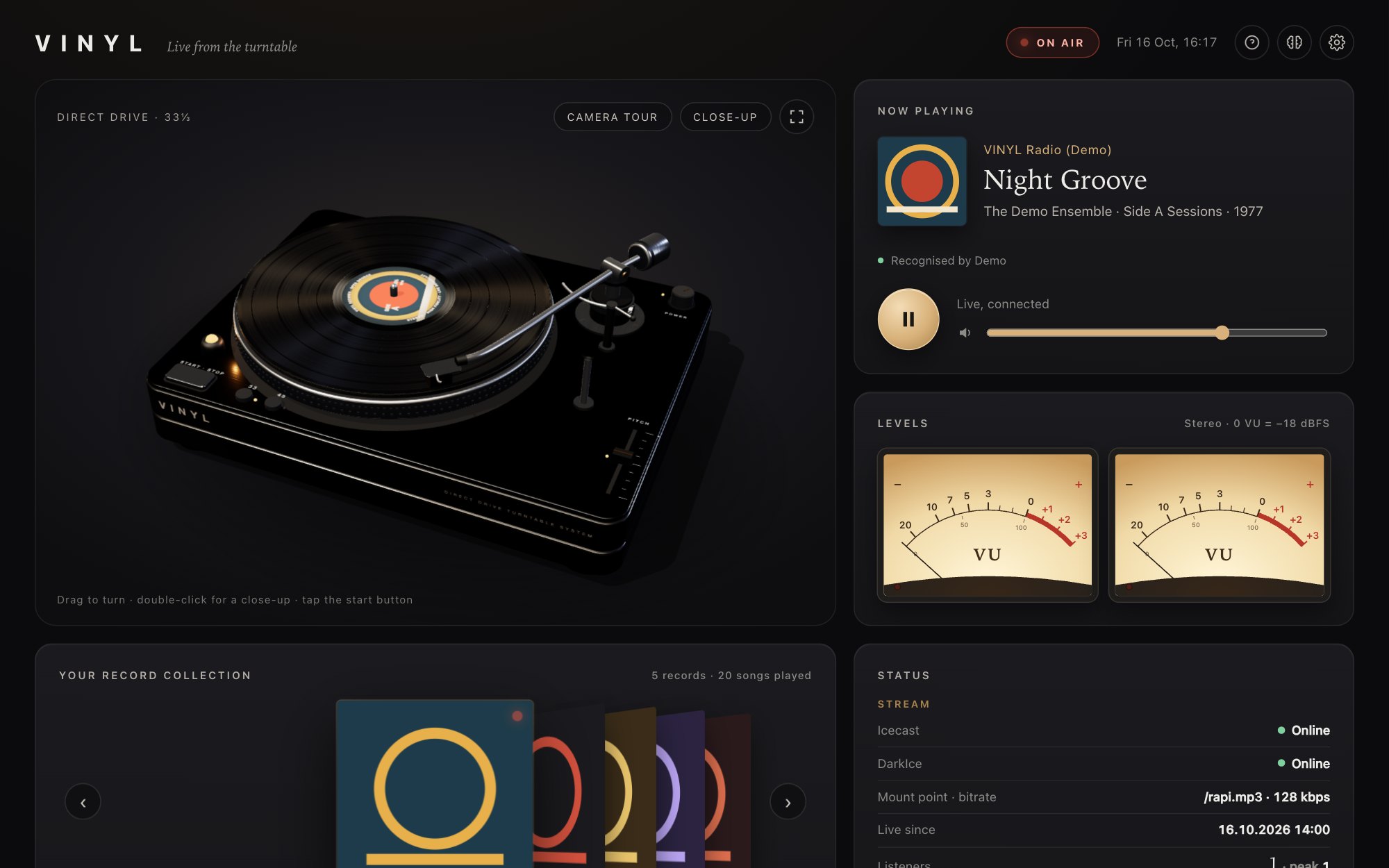 VINYL dashboard: a 3D turntable playing a record, the song with its cover, analogue VU meters and stream status