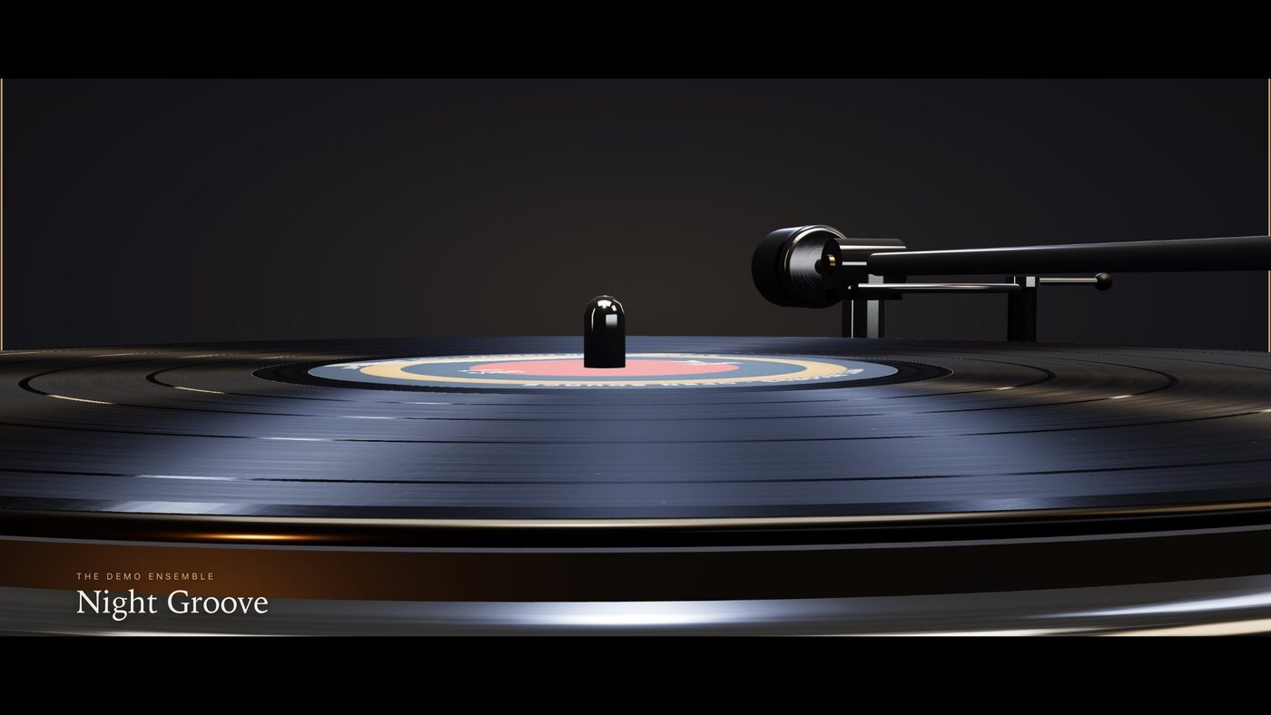 Camera gliding low over the grooves of the spinning record