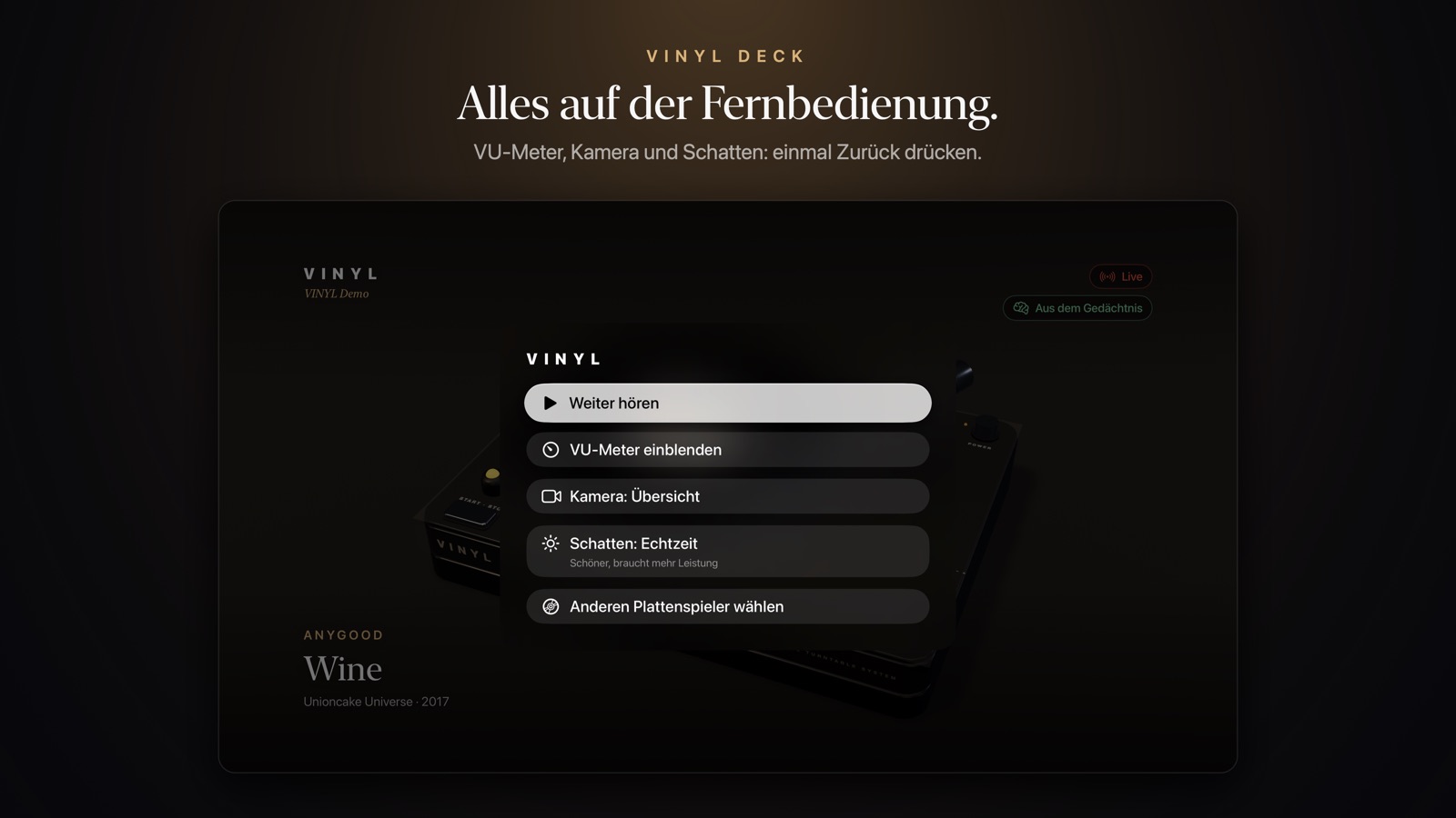 VINYL Deck: alles auf der Fernbedienung